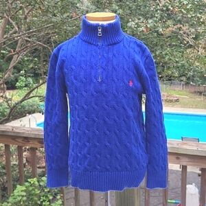 Boy's Polo sweater, cable knit, 1/4 zip, blue, embroidered polo, sz 7